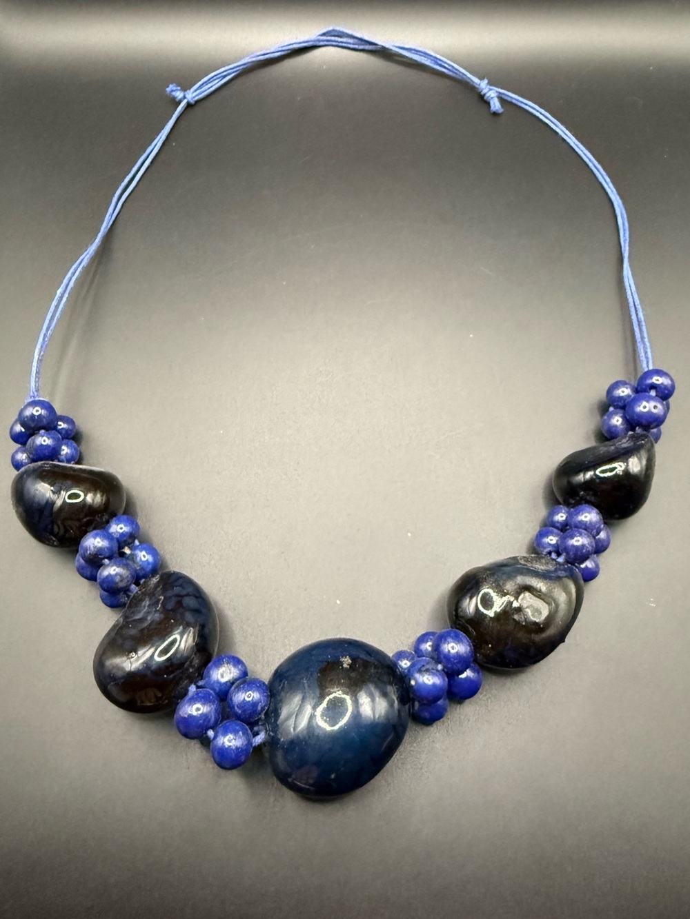 Chunky Blue Bead Statement Necklace Adjustable